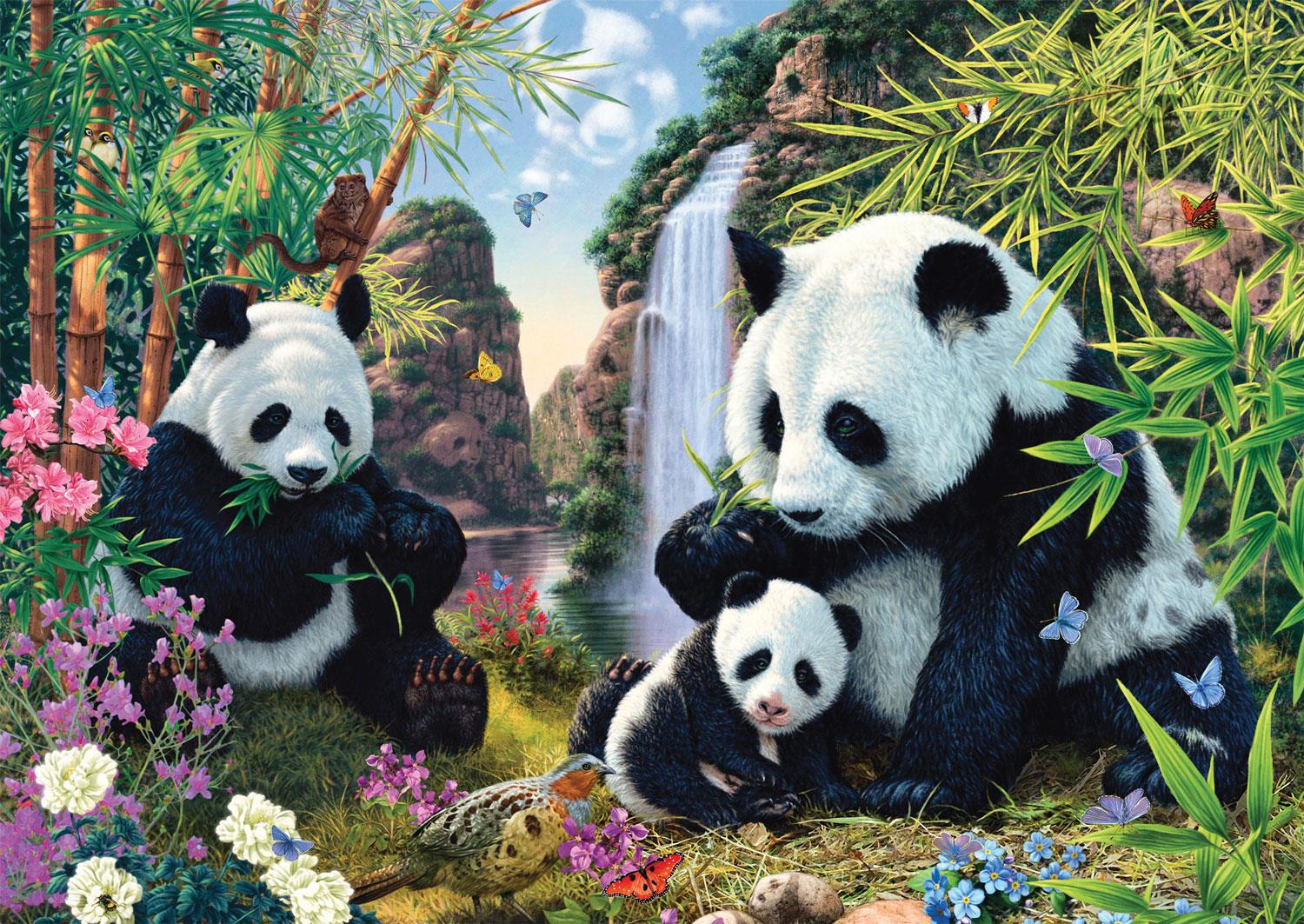 Schmidt Panda Family at the Waterfall Jigsaw Puzzle (500 Pieces)