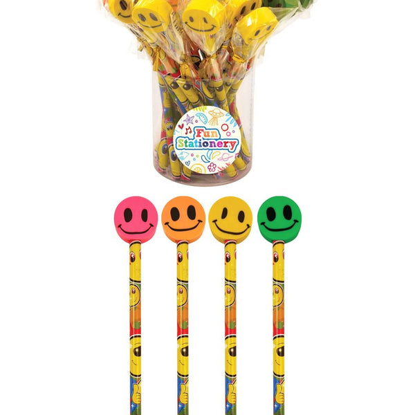 24 Smiley Pencils With Eraser Tops