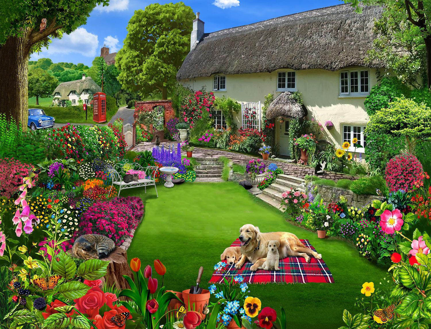 Dogs in a Cottage Garden Jigsaw Puzzles (1000 Pieces)