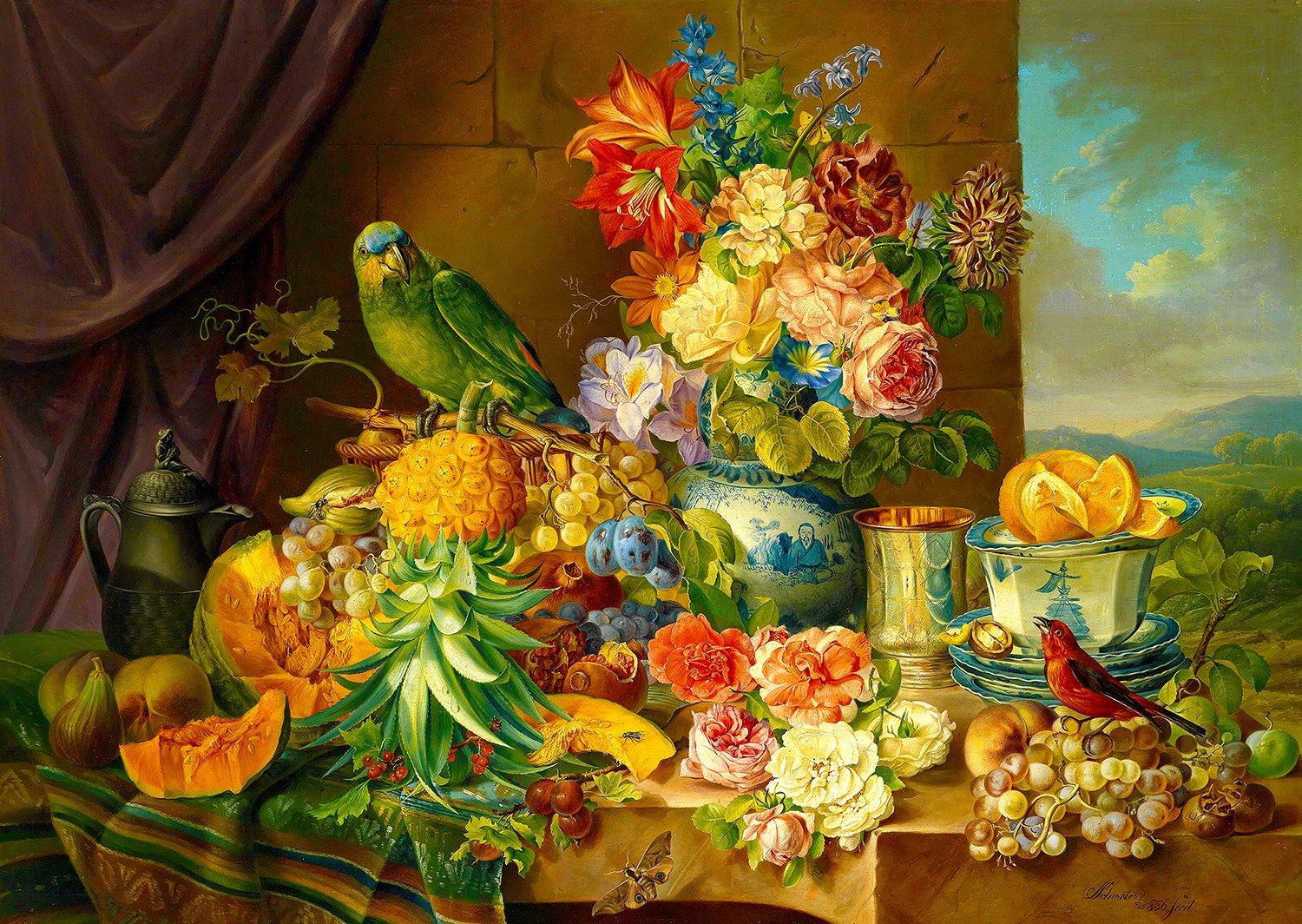 Enjoy Josef Schuster: Still Life with Fruit, Flowers and a Parrot Jigsaw Puzzle (1000 Pieces)