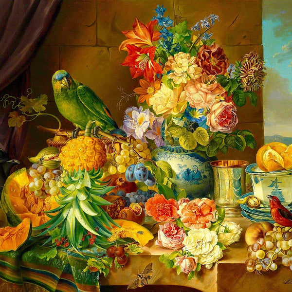 Enjoy Josef Schuster: Still Life with Fruit, Flowers and a Parrot Jigsaw Puzzle (1000 Pieces)
