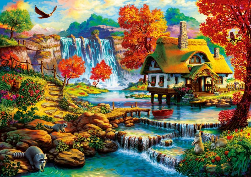 Bluebird Country House by the Water Fall Jigsaw Puzzle (1000 Pieces)