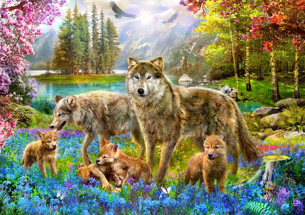 Bluebird Spring Wolf Family Jigsaw Puzzle (1500 Pieces)