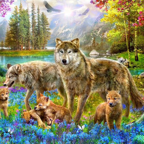 Bluebird Spring Wolf Family Jigsaw Puzzle (1500 Pieces)