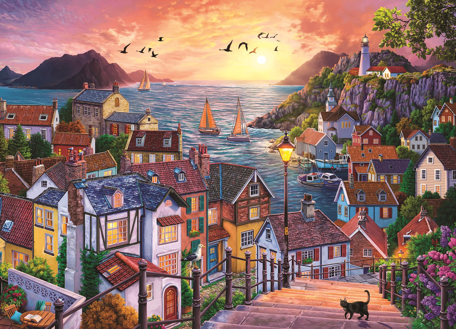 Cobble Hill Coastal Town at Sunset Jigsaw Puzzle (1000 Pieces)