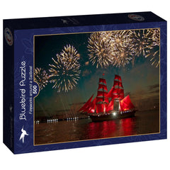 Bluebird Fireworks around a Sailboat Jigsaw Puzzle (500 Pieces)