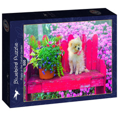 Bluebird Puppy in the Colorful Garden Jigsaw Puzzle (500 Pieces)