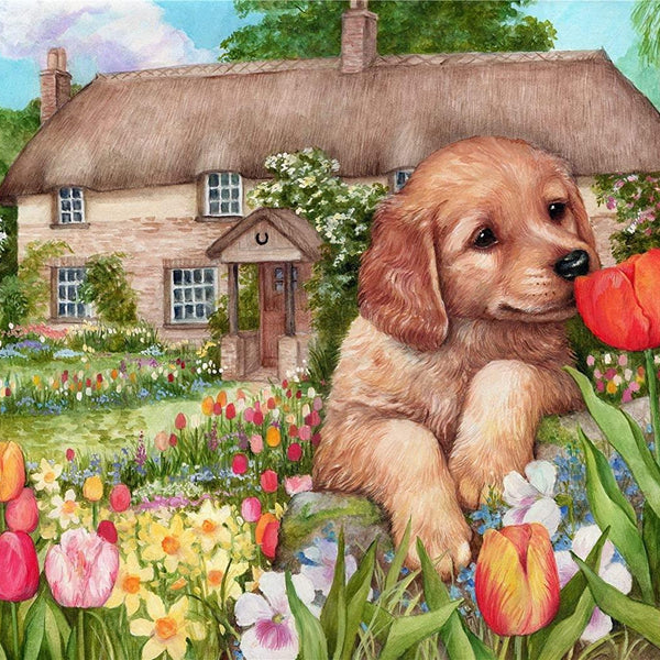 Puppy at Tulip Cottage - Debbie Cook Jigsaw Puzzle (500 Pieces)