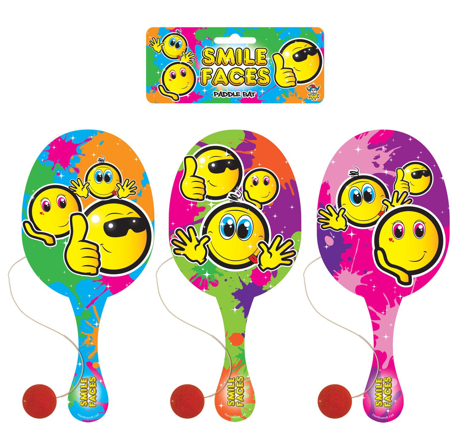 12 Wooden Paddle Bats & Balls - Smiley Face