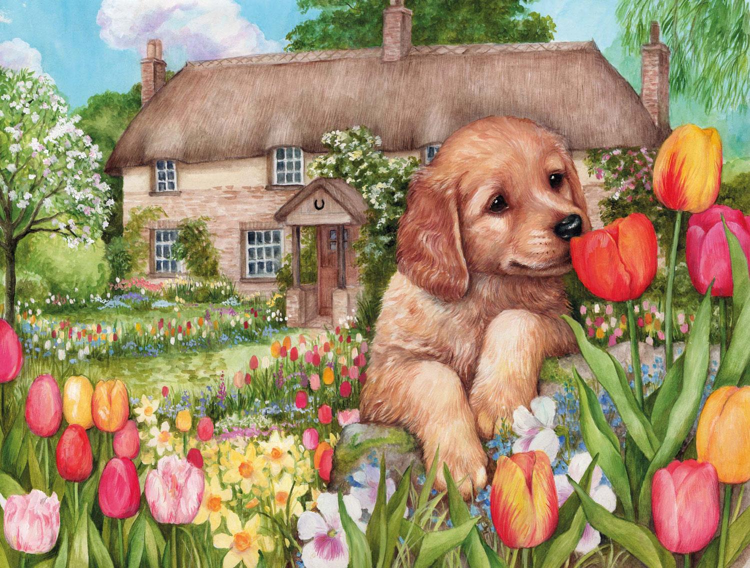 Puppy at Tulip Cottage - Debbie Cook Jigsaw Puzzle (1000 Pieces)